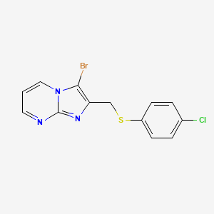 molecular formula C13H9BrClN3S B2618818 3-Bromo-2-(((4-chlorophenyl)thio)methyl)imidazo[1,2-a]pyrimidine CAS No. 325779-08-6