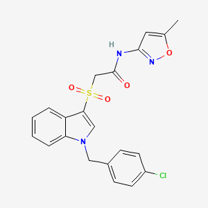 molecular formula C21H18ClN3O4S B2618820 2-(1-(4-chlorobenzyl)-1H-indol-3-ylsulfonyl)-N-(5-methylisoxazol-3-yl)acetamide CAS No. 850933-09-4