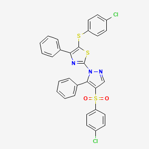 molecular formula C30H19Cl2N3O2S3 B2618823 4-chlorophenyl 1-{5-[(4-chlorophenyl)sulfanyl]-4-phenyl-1,3-thiazol-2-yl}-5-phenyl-1H-pyrazol-4-yl sulfone CAS No. 956369-86-1