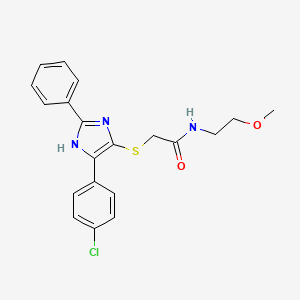molecular formula C20H20ClN3O2S B2618830 2-((5-(4-chlorophenyl)-2-phenyl-1H-imidazol-4-yl)thio)-N-(2-methoxyethyl)acetamide CAS No. 901259-94-7