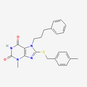 molecular formula C23H24N4O2S B2618837 3-methyl-8-((4-methylbenzyl)thio)-7-(3-phenylpropyl)-1H-purine-2,6(3H,7H)-dione CAS No. 384374-83-8