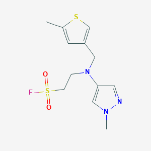 molecular formula C12H16FN3O2S2 B2618870 2-[(1-Methylpyrazol-4-yl)-[(5-methylthiophen-3-yl)methyl]amino]ethanesulfonyl fluoride CAS No. 2418717-17-4