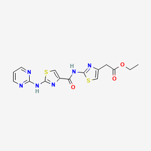molecular formula C15H14N6O3S2 B2618873 Ethyl 2-(2-(2-(pyrimidin-2-ylamino)thiazole-4-carboxamido)thiazol-4-yl)acetate CAS No. 1251622-11-3
