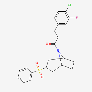 molecular formula C22H23ClFNO3S B2618875 3-(4-chloro-3-fluorophenyl)-1-((1R,5S)-3-(phenylsulfonyl)-8-azabicyclo[3.2.1]octan-8-yl)propan-1-one CAS No. 1448072-53-4
