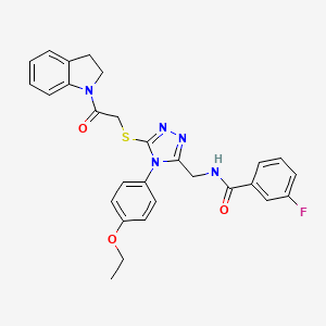 molecular formula C28H26FN5O3S B2618964 N-((4-(4-ethoxyphenyl)-5-((2-(indolin-1-yl)-2-oxoethyl)thio)-4H-1,2,4-triazol-3-yl)methyl)-3-fluorobenzamide CAS No. 394243-43-7
