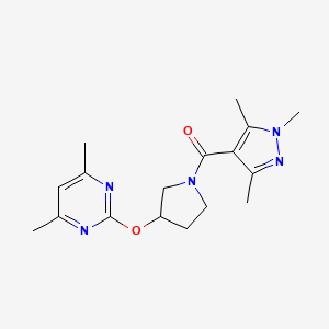 molecular formula C17H23N5O2 B2619036 (3-((4,6-dimethylpyrimidin-2-yl)oxy)pyrrolidin-1-yl)(1,3,5-trimethyl-1H-pyrazol-4-yl)methanone CAS No. 2034317-20-7