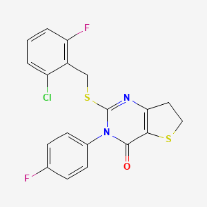 molecular formula C19H13ClF2N2OS2 B2619037 2-[(2-Chloro-6-fluorophenyl)methylsulfanyl]-3-(4-fluorophenyl)-6,7-dihydrothieno[3,2-d]pyrimidin-4-one CAS No. 687562-86-3