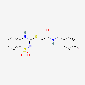 molecular formula C16H14FN3O3S2 B2619181 2-((1,1-dioxido-4H-benzo[e][1,2,4]thiadiazin-3-yl)thio)-N-(4-fluorobenzyl)acetamide CAS No. 899966-12-2