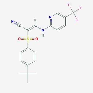 molecular formula C19H18F3N3O2S B2619197 2-((4-(Tert-butyl)phenyl)sulfonyl)-3-((5-(trifluoromethyl)(2-pyridyl))amino)prop-2-enenitrile CAS No. 1025268-75-0