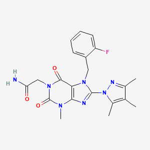 molecular formula C21H22FN7O3 B2619198 2-(7-(2-fluorobenzyl)-3-methyl-2,6-dioxo-8-(3,4,5-trimethyl-1H-pyrazol-1-yl)-2,3,6,7-tetrahydro-1H-purin-1-yl)acetamide CAS No. 1014053-06-5