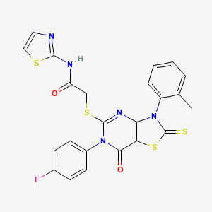 molecular formula C23H16FN5O2S4 B2619245 2-[[6-(4-fluorophenyl)-3-(2-methylphenyl)-7-oxo-2-sulfanylidene-[1,3]thiazolo[4,5-d]pyrimidin-5-yl]sulfanyl]-N-(1,3-thiazol-2-yl)acetamide CAS No. 422298-49-5