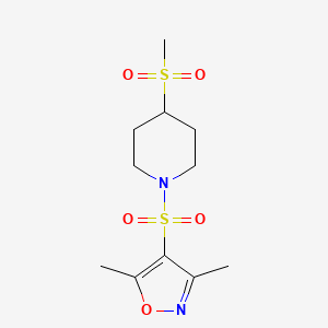 molecular formula C11H18N2O5S2 B2619251 3,5-Dimethyl-4-((4-(methylsulfonyl)piperidin-1-yl)sulfonyl)isoxazole CAS No. 1448030-02-1