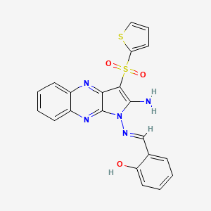 molecular formula C21H15N5O3S2 B2619275 (E)-2-(((2-amino-3-(thiophen-2-ylsulfonyl)-1H-pyrrolo[2,3-b]quinoxalin-1-yl)imino)methyl)phenol CAS No. 714242-26-9