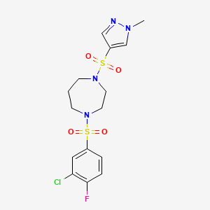 molecular formula C15H18ClFN4O4S2 B2619294 1-((3-chloro-4-fluorophenyl)sulfonyl)-4-((1-methyl-1H-pyrazol-4-yl)sulfonyl)-1,4-diazepane CAS No. 2034489-37-5