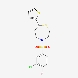 molecular formula C15H15ClFNO2S3 B2619339 4-((3-Chloro-4-fluorophenyl)sulfonyl)-7-(thiophen-2-yl)-1,4-thiazepane CAS No. 1705216-41-6