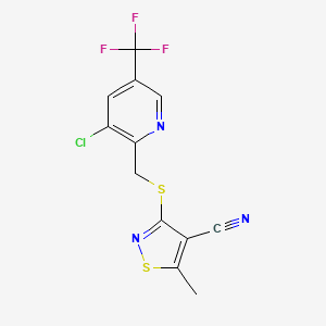 molecular formula C12H7ClF3N3S2 B2619346 3-({[3-Chloro-5-(trifluoromethyl)-2-pyridinyl]methyl}sulfanyl)-5-methyl-4-isothiazolecarbonitrile CAS No. 338978-36-2