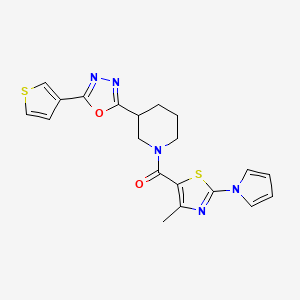 molecular formula C20H19N5O2S2 B2619353 (4-methyl-2-(1H-pyrrol-1-yl)thiazol-5-yl)(3-(5-(thiophen-3-yl)-1,3,4-oxadiazol-2-yl)piperidin-1-yl)methanone CAS No. 1787917-13-8