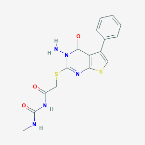 molecular formula C16H15N5O3S2 B261937 N-{[(3-amino-4-oxo-5-phenyl-3,4-dihydrothieno[2,3-d]pyrimidin-2-yl)sulfanyl]acetyl}-N'-methylurea 