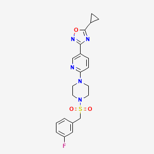 molecular formula C21H22FN5O3S B2619376 5-Cyclopropyl-3-(6-(4-((3-fluorobenzyl)sulfonyl)piperazin-1-yl)pyridin-3-yl)-1,2,4-oxadiazole CAS No. 1421494-87-2