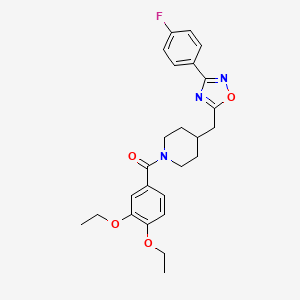 molecular formula C25H28FN3O4 B2619386 1-(3,4-Diethoxybenzoyl)-4-{[3-(4-fluorophenyl)-1,2,4-oxadiazol-5-yl]methyl}piperidine CAS No. 1775466-56-2