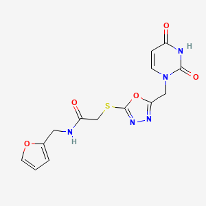 molecular formula C14H13N5O5S B2619387 2-((5-((2,4-dioxo-3,4-dihydropyrimidin-1(2H)-yl)methyl)-1,3,4-oxadiazol-2-yl)thio)-N-(furan-2-ylmethyl)acetamide CAS No. 1091461-44-7