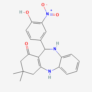 molecular formula C21H21N3O4 B2619513 6-(4-hydroxy-3-nitrophenyl)-9,9-dimethyl-6,8,10,11-tetrahydro-5H-benzo[b][1,4]benzodiazepin-7-one CAS No. 886650-42-6