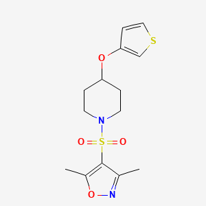 molecular formula C14H18N2O4S2 B2619516 3,5-Dimethyl-4-((4-(thiophen-3-yloxy)piperidin-1-yl)sulfonyl)isoxazole CAS No. 2034467-41-7