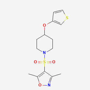 molecular formula C14H18N2O4S2 B2619516 1-[(3,5-dimethyl-1,2-oxazol-4-yl)sulfonyl]-4-(thiophen-3-yloxy)piperidine CAS No. 2034467-41-7