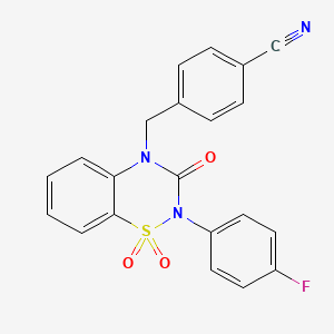 molecular formula C21H14FN3O3S B2619628 4-((2-(4-fluorophenyl)-1,1-dioxido-3-oxo-2H-benzo[e][1,2,4]thiadiazin-4(3H)-yl)methyl)benzonitrile CAS No. 900012-93-3