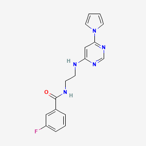 molecular formula C17H16FN5O B2619631 N-(2-((6-(1H-pyrrol-1-yl)pyrimidin-4-yl)amino)ethyl)-3-fluorobenzamide CAS No. 1421448-88-5