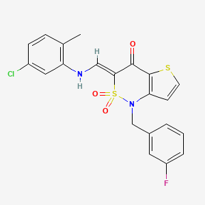 molecular formula C21H16ClFN2O3S2 B2619643 (3Z)-3-{[(5-chloro-2-methylphenyl)amino]methylene}-1-(3-fluorobenzyl)-1H-thieno[3,2-c][1,2]thiazin-4(3H)-one 2,2-dioxide CAS No. 894686-72-7