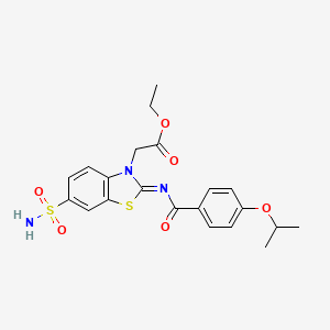molecular formula C21H23N3O6S2 B2619680 (Z)-ethyl 2-(2-((4-isopropoxybenzoyl)imino)-6-sulfamoylbenzo[d]thiazol-3(2H)-yl)acetate CAS No. 865248-30-2