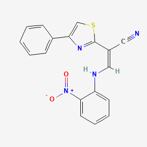 molecular formula C18H12N4O2S B2619689 (Z)-3-((2-nitrophenyl)amino)-2-(4-phenylthiazol-2-yl)acrylonitrile CAS No. 1322250-06-5