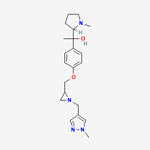 molecular formula C21H30N4O2 B2619739 1-[4-[[1-[(1-Methylpyrazol-4-yl)methyl]aziridin-2-yl]methoxy]phenyl]-1-[(2R)-1-methylpyrrolidin-2-yl]ethanol CAS No. 2411183-99-6