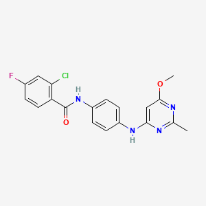 molecular formula C19H16ClFN4O2 B2619777 2-chloro-4-fluoro-N-(4-((6-methoxy-2-methylpyrimidin-4-yl)amino)phenyl)benzamide CAS No. 946302-80-3