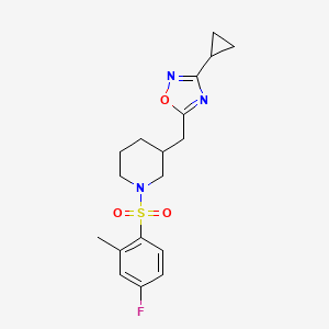 molecular formula C18H22FN3O3S B2619829 3-Cyclopropyl-5-((1-((4-fluoro-2-methylphenyl)sulfonyl)piperidin-3-yl)methyl)-1,2,4-oxadiazole CAS No. 1705550-72-6