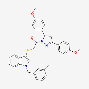 molecular formula C35H33N3O3S B2619841 1-[3,5-Bis(4-methoxyphenyl)-3,4-dihydropyrazol-2-yl]-2-[1-[(3-methylphenyl)methyl]indol-3-yl]sulfanylethanone CAS No. 681276-12-0