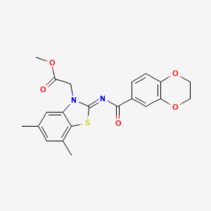 molecular formula C21H20N2O5S B2619848 (Z)-methyl 2-(2-((2,3-dihydrobenzo[b][1,4]dioxine-6-carbonyl)imino)-5,7-dimethylbenzo[d]thiazol-3(2H)-yl)acetate CAS No. 1321895-73-1