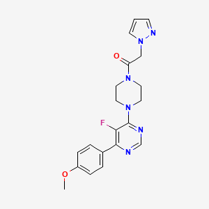 molecular formula C20H21FN6O2 B2619868 1-[4-[5-Fluoro-6-(4-methoxyphenyl)pyrimidin-4-yl]piperazin-1-yl]-2-pyrazol-1-ylethanone CAS No. 2380185-16-8