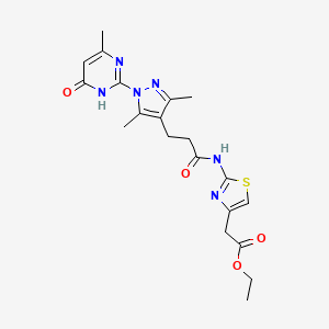 ethyl 2-(2-(3-(3,5-dimethyl-1-(4-methyl-6-oxo-1,6-dihydropyrimidin-2-yl)-1H-pyrazol-4-yl)propanamido)thiazol-4-yl)acetate