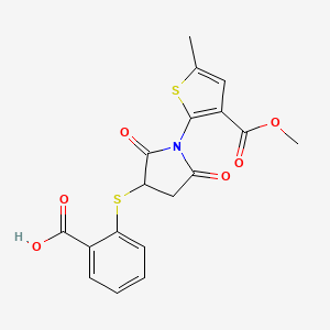 molecular formula C18H15NO6S2 B2619949 2-((1-(3-(Methoxycarbonyl)-5-methylthiophen-2-yl)-2,5-dioxopyrrolidin-3-yl)thio)benzoic acid CAS No. 831228-85-4