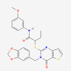 molecular formula C25H23N3O5S2 B2620097 2-({3-[(2H-1,3-benzodioxol-5-yl)methyl]-4-oxo-3H,4H-thieno[3,2-d]pyrimidin-2-yl}sulfanyl)-N-(3-methoxyphenyl)butanamide CAS No. 2097937-80-7