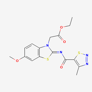 molecular formula C16H16N4O4S2 B2620106 (Z)-ethyl 2-(6-methoxy-2-((4-methyl-1,2,3-thiadiazole-5-carbonyl)imino)benzo[d]thiazol-3(2H)-yl)acetate CAS No. 1173629-95-2