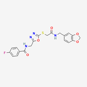 molecular formula C20H17FN4O5S B2620108 N-((5-((2-((benzo[d][1,3]dioxol-5-ylmethyl)amino)-2-oxoethyl)thio)-1,3,4-oxadiazol-2-yl)methyl)-4-fluorobenzamide CAS No. 872614-03-4