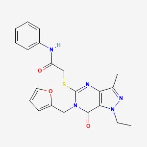 molecular formula C21H21N5O3S B2620156 2-((1-ethyl-6-(furan-2-ylmethyl)-3-methyl-7-oxo-6,7-dihydro-1H-pyrazolo[4,3-d]pyrimidin-5-yl)thio)-N-phenylacetamide CAS No. 1358948-03-4