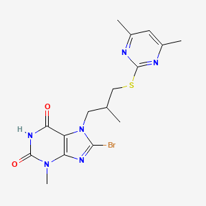 molecular formula C16H19BrN6O2S B2620169 8-bromo-7-(3-((4,6-dimethylpyrimidin-2-yl)thio)-2-methylpropyl)-3-methyl-1H-purine-2,6(3H,7H)-dione CAS No. 879576-05-3