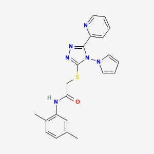 molecular formula C21H20N6OS B2620298 N-(2,5-dimethylphenyl)-2-{[5-(pyridin-2-yl)-4-(1H-pyrrol-1-yl)-4H-1,2,4-triazol-3-yl]sulfanyl}acetamide CAS No. 886936-23-8