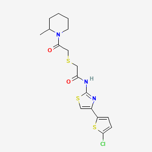molecular formula C17H20ClN3O2S3 B2620335 N-(4-(5-chlorothiophen-2-yl)thiazol-2-yl)-2-((2-(2-methylpiperidin-1-yl)-2-oxoethyl)thio)acetamide CAS No. 681224-95-3
