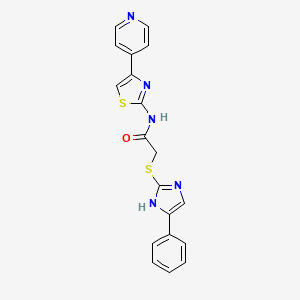 molecular formula C19H15N5OS2 B2620354 2-[(5-Phenyl-1H-imidazol-2-yl)sulfanyl]-N-(4-pyridin-4-yl-1,3-thiazol-2-yl)acetamide CAS No. 2413904-87-5