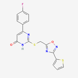 molecular formula C17H11FN4O2S2 B2620384 6-(4-Fluorophenyl)-2-({[3-(2-thienyl)-1,2,4-oxadiazol-5-yl]methyl}sulfanyl)-4-pyrimidinol CAS No. 946323-66-6